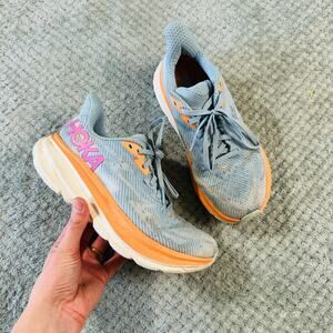 HOKA Clifton 9 Running Shoe Airy Blue/Orange/Pink Womens 6B Colorful Pastel